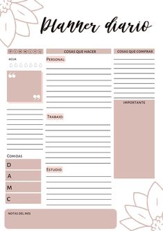 a pink and white planner page with flowers on it, in the center is an image of