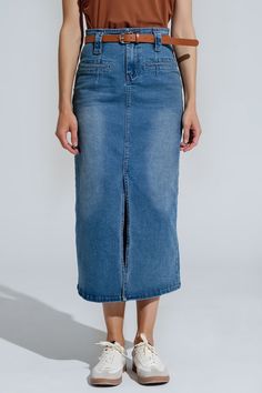 Q2 Midi Denim Skirt In Blue With Front Split Mid-rise Cotton Skirt In Medium Wash, Denim Lined Skirt In Dark Wash, Mid-rise Medium Wash Cotton Skirt, Dark Wash Denim Skirt With Lining, Dark Wash Denim Lined Skirt, Relaxed Full Length Denim Skirt In Medium Wash, High Rise Denim Skirt With Lined Skirt, High Rise Denim Skirt With Lined Detail, Mid-rise Denim Lined Skirt