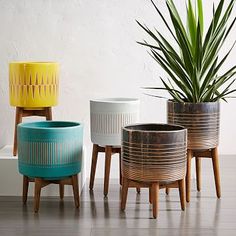 three planters sitting next to each other in front of a white wall and floor