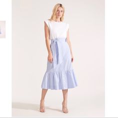 Veronica Beard Capri Dress New With Tags Chic Midi Dress With Ruffles, Blue Fitted Midi Dress, Cotton Midi Dress For Day Out, Spring Midi Dress For Day Out, Casual Midi Dress For Brunch, Blue Midi Summer Dress, Fitted Blue Midi Dress, Arielle Dress, Capri Dress