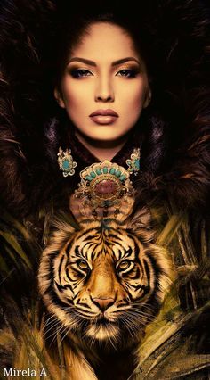 a woman with a tiger on her chest and an image of the face of a tiger