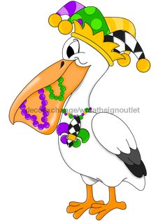 a cartoon pelican wearing a mardi gras hat and beaded necklace