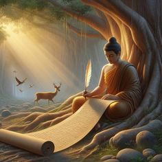 a painting of buddha sitting in the middle of a forest holding a scroll