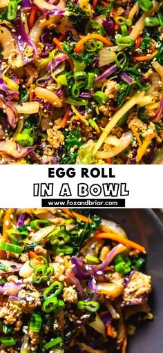 egg roll in a bowl with broccoli, onions, carrots and sesame seeds