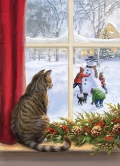 a cat sitting on a window sill looking out at a snowman and children