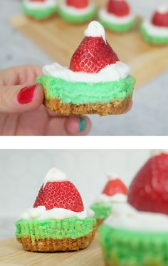 a person holding up a small pastry with green and red frosting