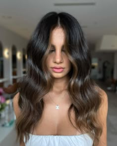 Cool Tone Balayage Brunette Dark, Dark Brown Dimensional Hair Color, Brunette Dimensional Hair Warm Browns, Cool Toned Brown Balayage, Dimensional Brown Balayage, Dimensional Brunette Cool Tone, Natural Dimensional Brunette, Black Dimensional Hair, Warm Brown Balayage On Black Hair