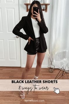 8 trendy ways to style black leather shorts. Inspiration from casual to date night. Black Casual Shorts Outfit, Black Faux Shorts Outfit, Outfit Ideas With Leather Shorts, Style Black Leather Shorts, Winter Leather Shorts Outfit, Casual Leather Shorts Outfit, Fall Leather Shorts Outfit, Black Leather Shorts Outfit Fall, Faux Leather Shorts Outfit Fall