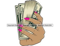 a woman's hand holding money with pink fingernails