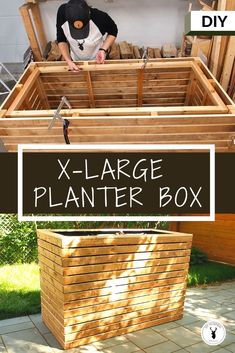 a wooden planter box with the words x - large planter box above it