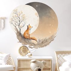 a fox sitting on top of a tree next to a moon