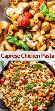 two pictures with different types of pasta in them and the words caprese chicken pasta