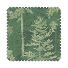 a green and white forest scene with trees in the foreground, on a light green background