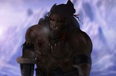 an animated image of a demon with blood on his face and chest, standing in front of clouds