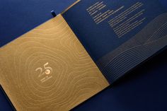 the inside of a blue and gold brochure with an abstract design on it