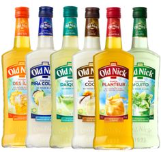 four bottles of old nick's drink are lined up in a row on a white background