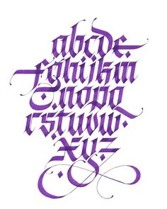 some type of calligraphy that is purple and has the letters in different font styles