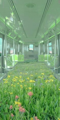 the interior of a bus with lots of green grass and yellow flowers in the middle