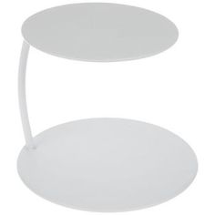 a white round table with two shelves on the top and one shelf below it, against a white background