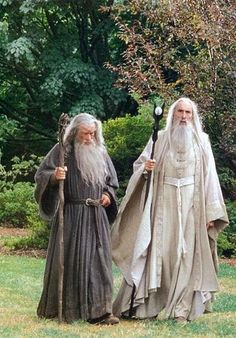 two people dressed as wizard and demon standing next to each other in front of trees