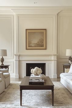 a living room filled with furniture and a fire place in front of a painting on the wall