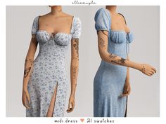 two female mannequins with tattoos on their arms and one wearing a blue dress