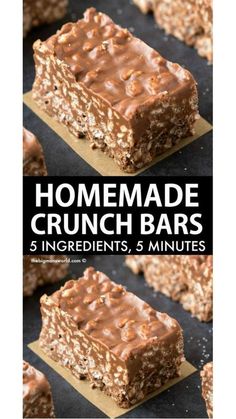 homemade crunch bars with chocolate drizzled on top and the title overlay reads,