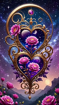 a heart shaped painting with flowers and stars in the background