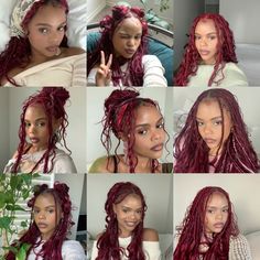 @morgaaan.paige ig.,  burgundy & pink hair, red hair, burgundy french curl braids, island twists, red goddess braids Pick And Drop Braids Red, Burgundy Micro Braids, Braid Colors On Dark Skin, Red Island Twist With Curls, Burgundy Boho Locs, Red Velvet Braids, Red Mini Twists, Burgundy Island Twist, Burgundy Braids On Dark Skin