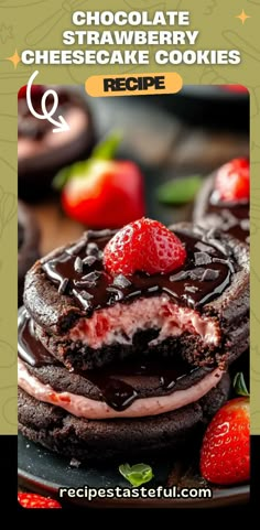 chocolate strawberry cheesecake cookies recipe on a black plate with strawberries in the background