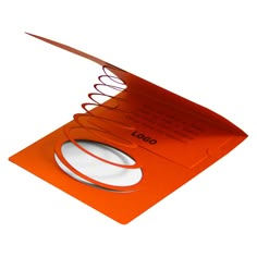 an orange business card with white circles on the front and back side, attached to a red folder