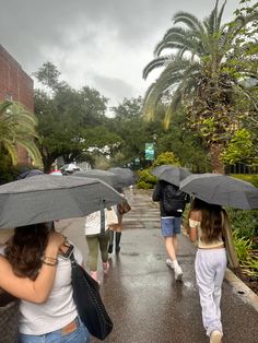 people walking in the rain with umbrellas over their heads