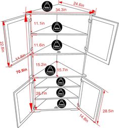 an image of a corner cabinet with measurements