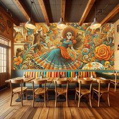 a restaurant with colorful murals on the wall and wooden tables set up in front of them