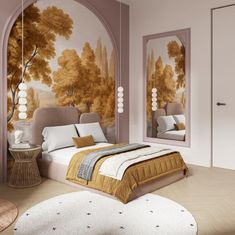 a bedroom decorated in pastel tones with trees on the wall and mirror behind it