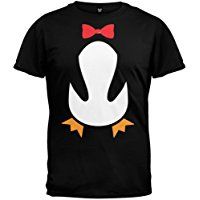 a black t - shirt with an image of a penguin wearing a red bow tie