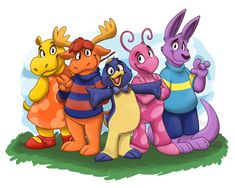 some cartoon characters standing together in the grass