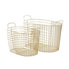 two gold wire baskets with handles on each side, one is empty and the other has an open lid