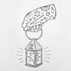 a black and white drawing of a cup on top of a box with stars around it