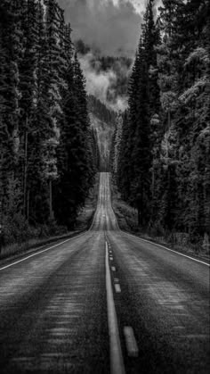 black and white photograph of an empty road surrounded by trees with clouds in the background