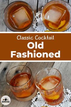 two glasses filled with old fashioned cocktails sitting on top of a wooden table