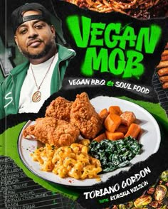 the poster for vegan mob featuring fried chicken, vegetables and macaroni salad