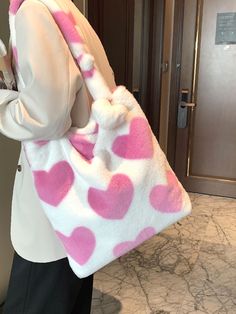 Pink Tote Bags, Heart Bag, Fancy Bags, Heart Pattern, Teenage Fashion Outfits, Cute Bags, Black & White