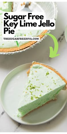 a slice of key lime jello pie on a white plate with the text overlay