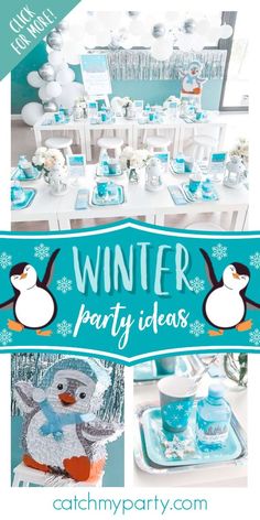 a penguin themed party with blue and white decorations