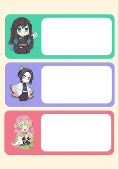 four different anime character name tags with the same image on one side and an empty space for