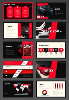 a bunch of red and black presentation slides