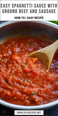 easy spaghetti sauce with ground beef and sausage in a pan, ready to be cooked