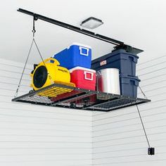 an overhead view of some trash cans and bins in a room with white walls