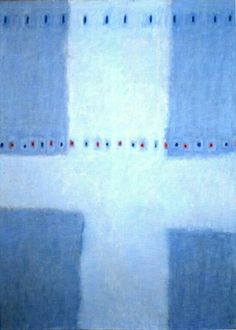 an abstract painting with blue squares and red dots on the bottom half of the image